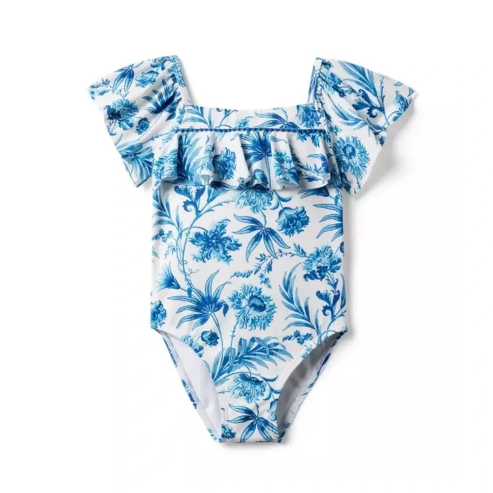 Janie & Jack girls RECYCLED FLORAL RUFFLE SLEEVE one piece SWIMSUIT Peacock Blue
